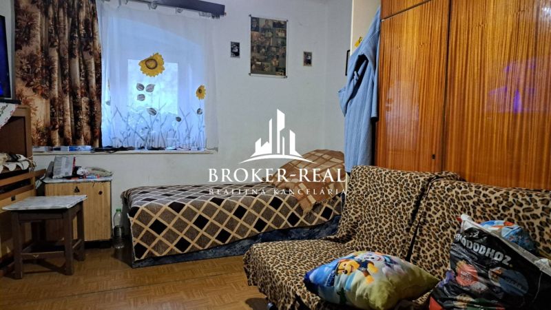 Interior of a family house with a bed, a sofa with a leopard pattern, and a floor with a wood decor.