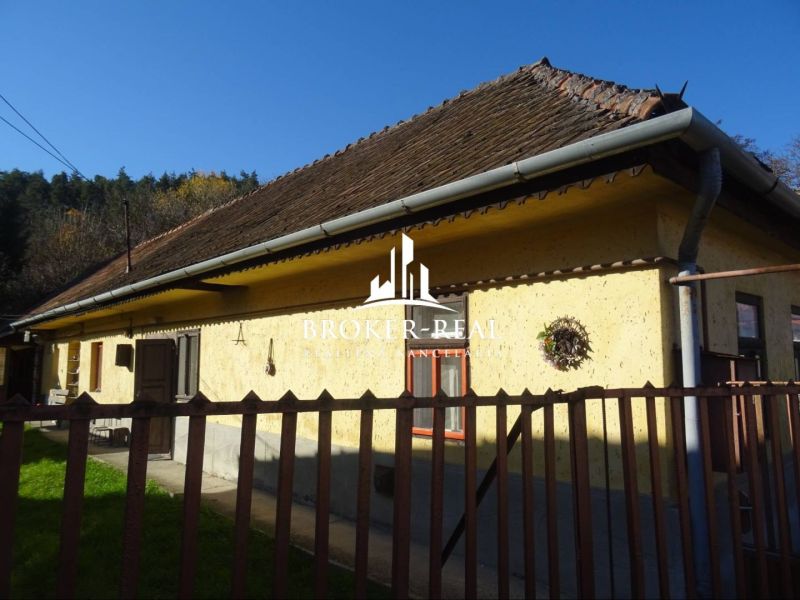 A family house in Telkibanya with a sloped roof, fenced, on the edge of a forest.
