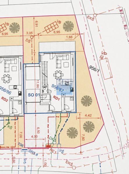 Plan for a new building on the plot - housing in Skalica, includes layout and dimensions.