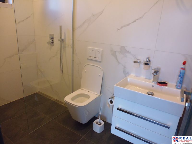 Bathroom with shower, toilet, and sink in warehouse and hall spaces.