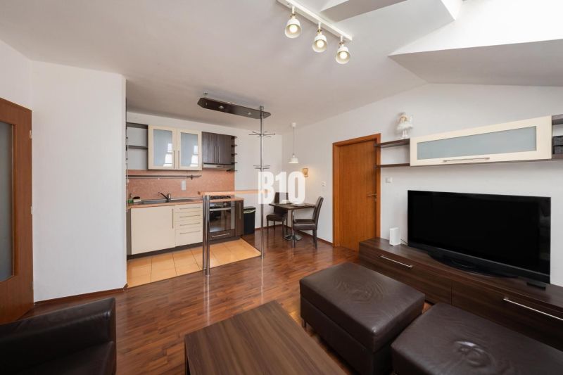 Living room with kitchen and wooden decor flooring in a 2-room apartment.
