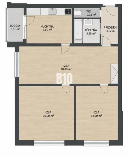 Floor plan of a 3-room apartment with a loggia and flooring with a wood decor.