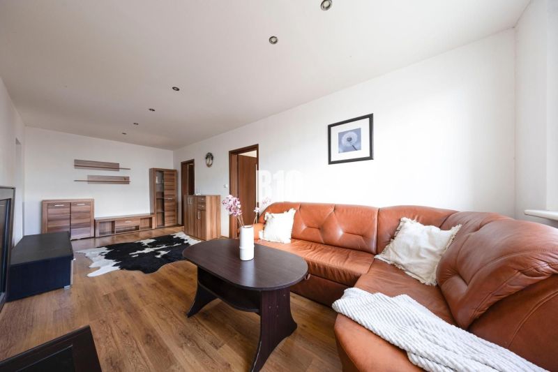 Living room with a sofa, wooden decor flooring, furniture, carpet in a 3-room apartment.