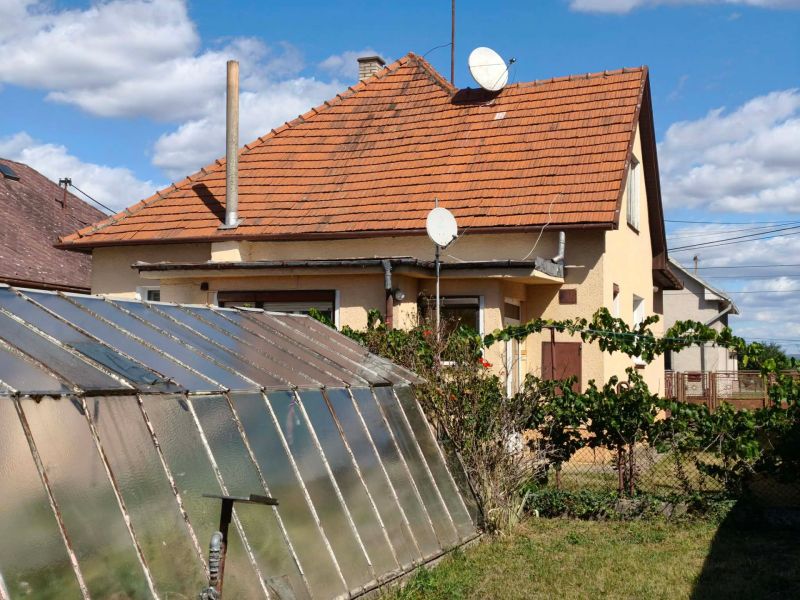 Family house in Oslany, greenhouse, satellite dishes, garden with a fence, blue sky.