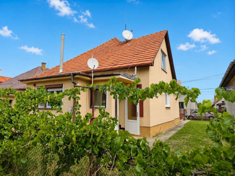 A family house in Oslany with a front garden, a fence, and a satellite dish on the roof.