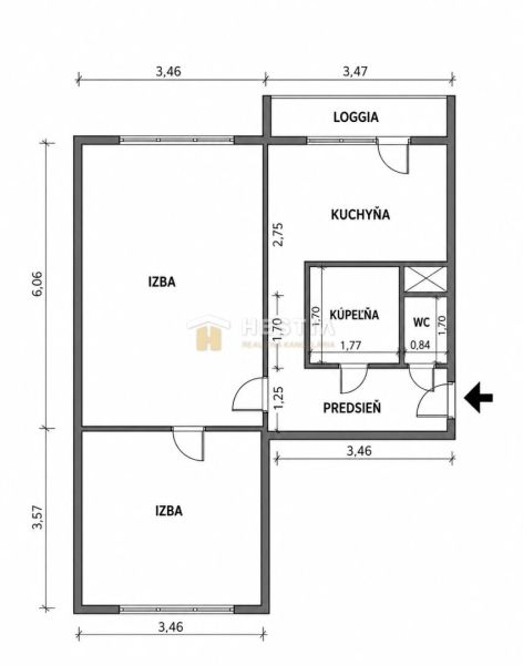 Floor plan of a 2-room apartment showing the rooms, kitchen, bathroom, and loggia.