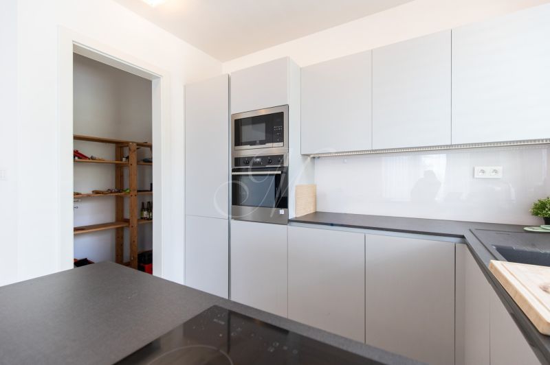 A kitchen in a 2-room apartment with built-in appliances and an open pantry.