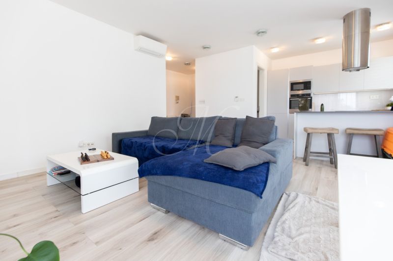Living room with a blue sofa, white table, and kitchen in a two-room apartment.