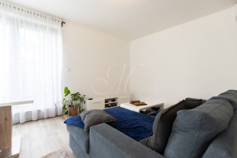 A bright living room with a sofa, curtains, and a wooden-decor floor in a 2-room apartment.