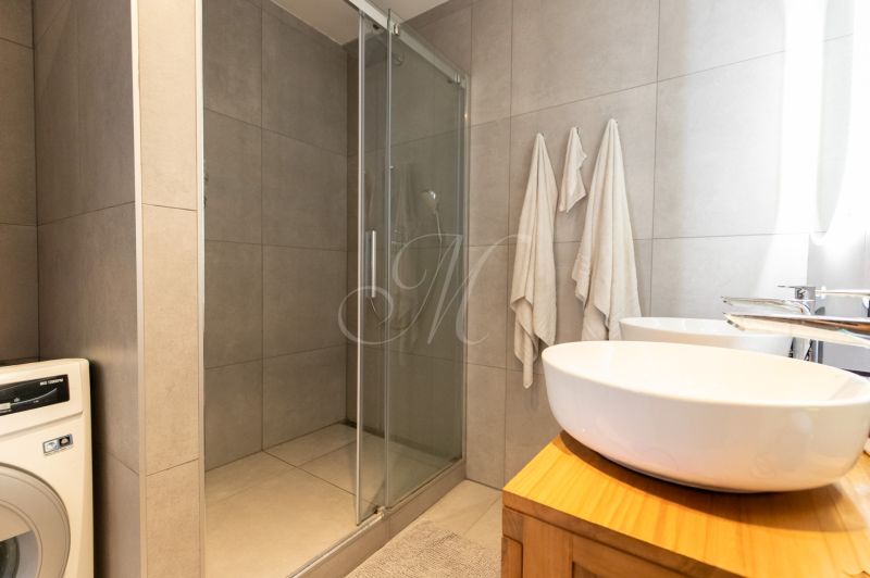 Bathroom in a 2-room apartment with a washing machine, shower, and sinks on wood decor.