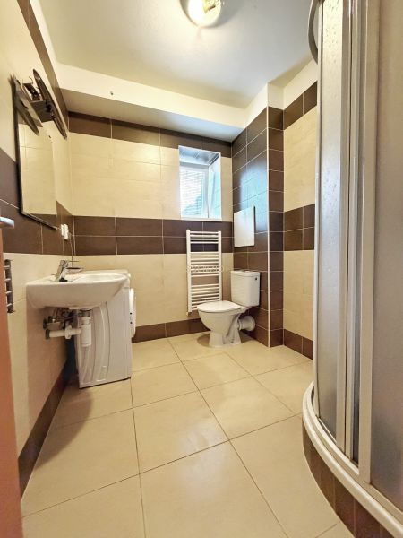 A studio apartment bathroom with a toilet, shower corner, and window, tiles in brown decor.