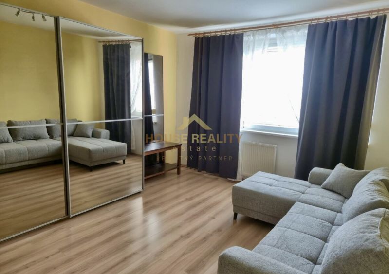 Living room of a three-room apartment with a gray sofa, built-in wardrobe, and floor with wood decor.