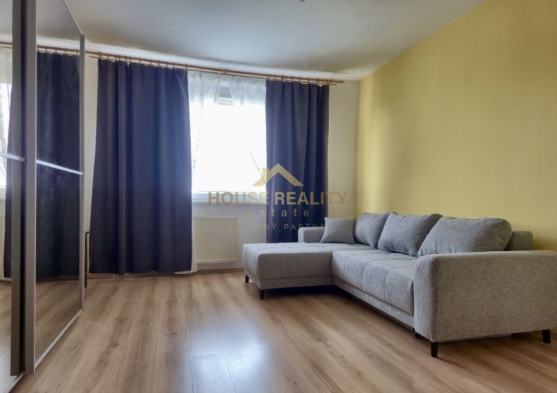Bright living room with wood-patterned flooring and a gray sofa in a three-room apartment.