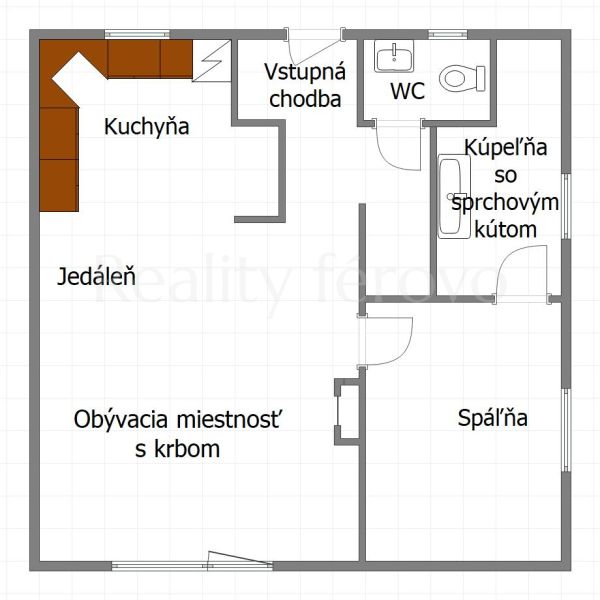 Floor plan of a family house with a kitchen, dining room, living room, and bathroom in Matúškovo.