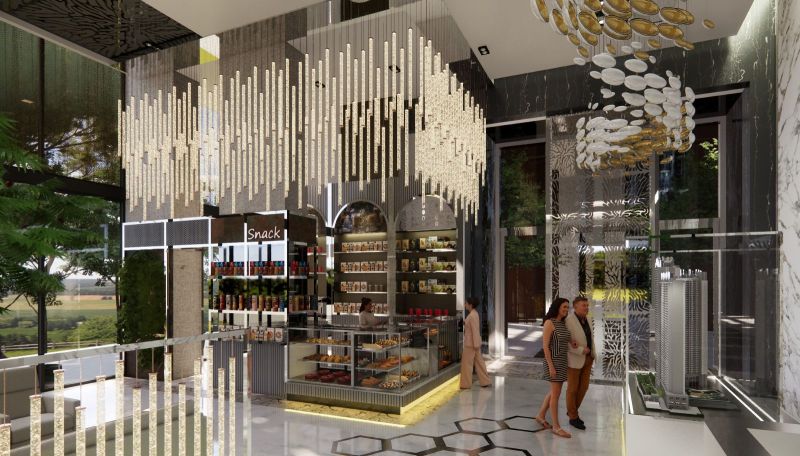 Luxury lighting in the entrance hall of a recreational apartment with refreshments and a model of the building.