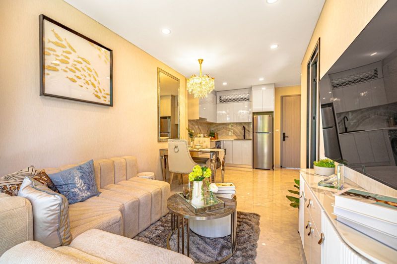 Recreational apartment with a comfortable living room, kitchenette, and elegant decor.