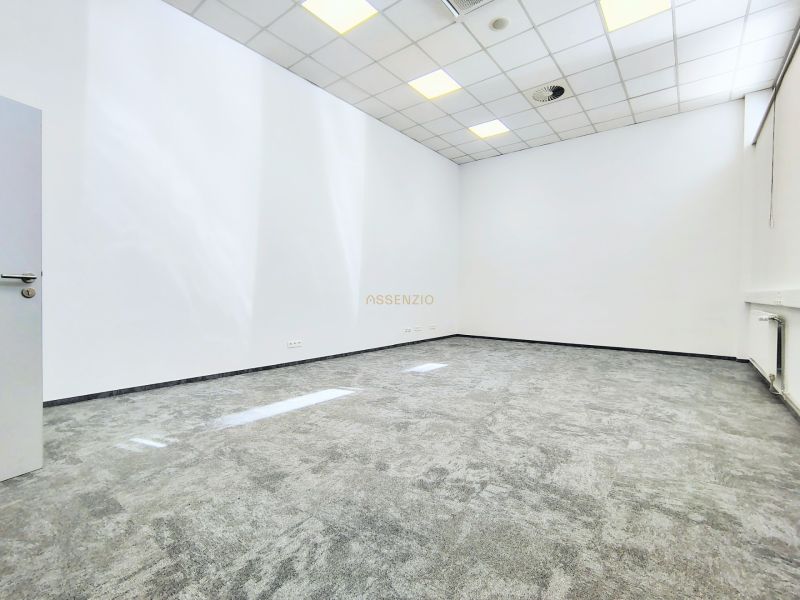 Bright commercial spaces with white walls and gray carpeted flooring.
