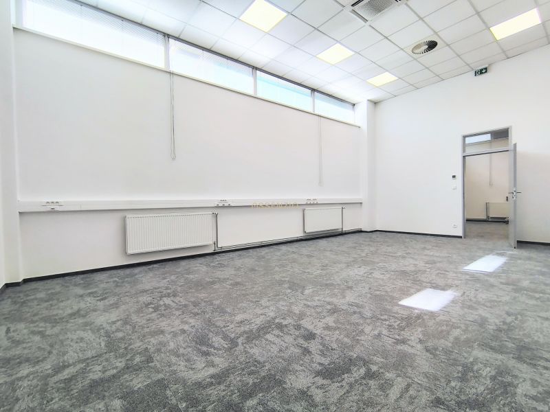 Bright commercial spaces with carpet and suspended ceiling, white walls, open doors.
