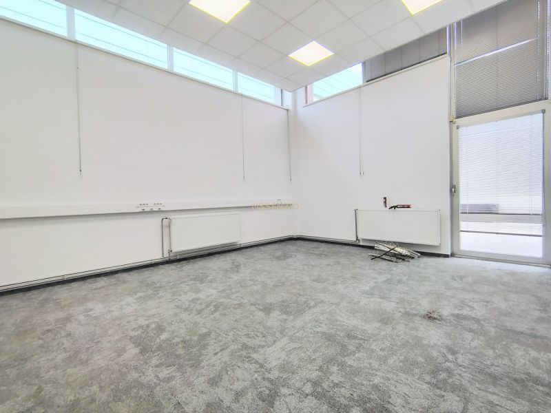Interior of a commercial space with large windows and a gray floor with decor.