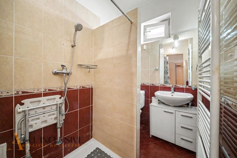 A bathroom in a family house with a cornice shower, sink, and bidet.