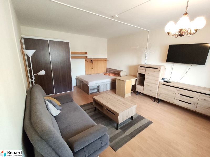 A one-room apartment with a wooden decor floor, furniture, and a sofa.