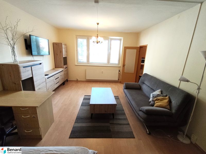 Living room in a studio apartment with a sofa, furniture, and flooring with a wooden decor.