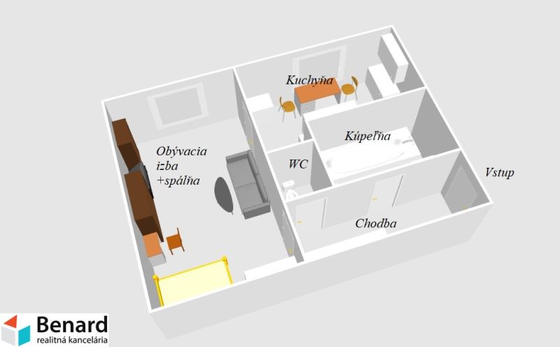 Floor plan of a 1-bedroom apartment with a kitchen, living room and bedroom, bathroom, and toilet.