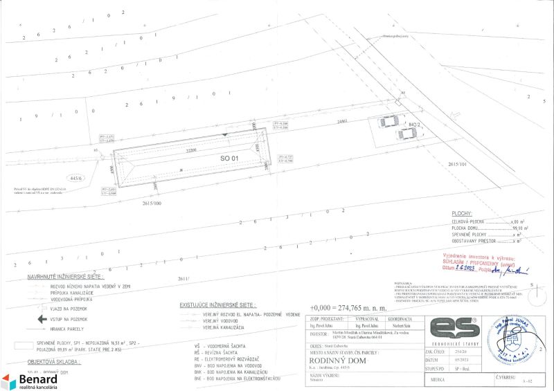 Land project for housing in Jarabina with a drawn proposal of engineering networks and constructions.