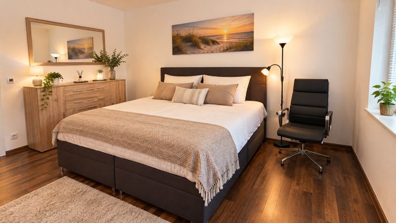 A bedroom in a family house with light furniture and a wooden decor floor.