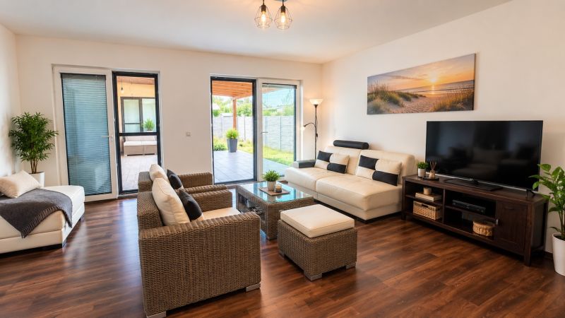 A bright living room with wood-patterned flooring, white sofas, and rattan furniture.