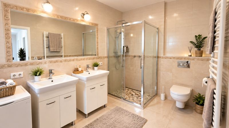 A bathroom with two sinks, a shower corner, and decorative tiles in a family house.