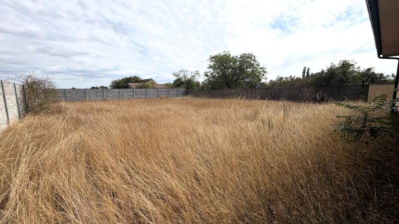 A family house in Nickelsdorf with a large fenced plot overgrown with dry grass.