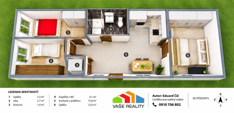 3D floor plan of a family house, including bedrooms, kitchen, dining room, and bathroom.