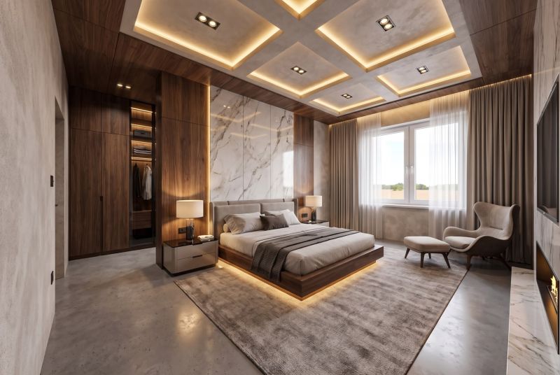 Luxury bedroom in a family house with wood-patterned flooring and a large window.