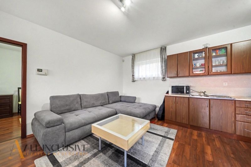 Living room with a sofa, kitchen unit, and wooden-patterned floor in a family house.