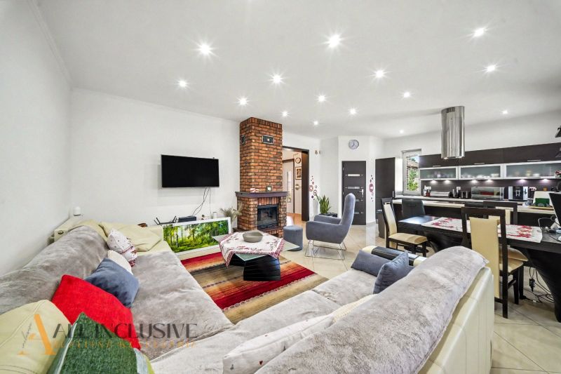 Living room of a family house with a brick fireplace, sofa, and dining area.