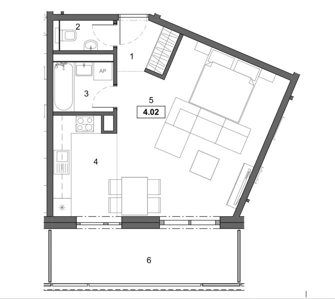 Floor plan of a 2-room apartment: bathroom, kitchen with living room, bedroom, balcony.