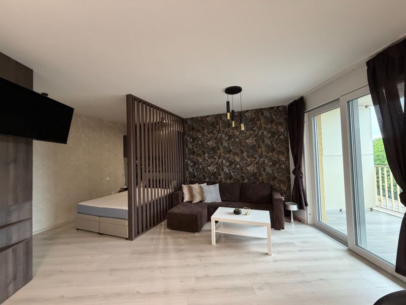 Living area of a 2-room apartment with a sofa, television, and wooden decor flooring.