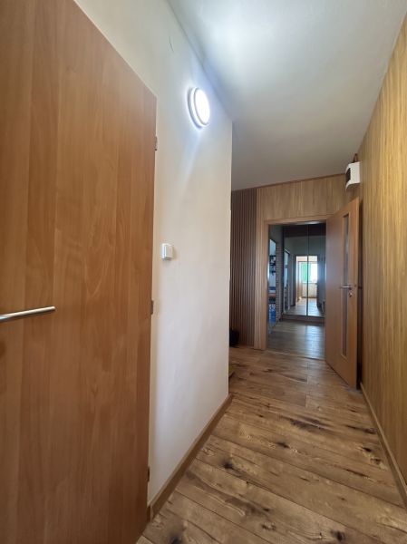 A hallway in a 3-room apartment with a wooden decor floor and wooden doors.