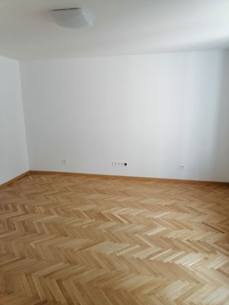 An empty room with wooden floor decor in a two-room apartment.