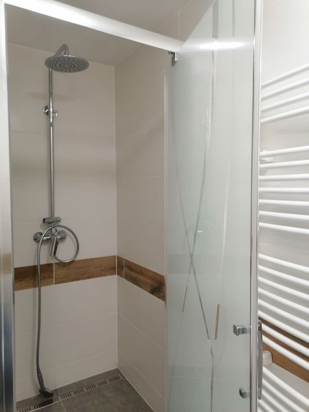Shower corner with a designer wall and wooden decor in a 2-room apartment.