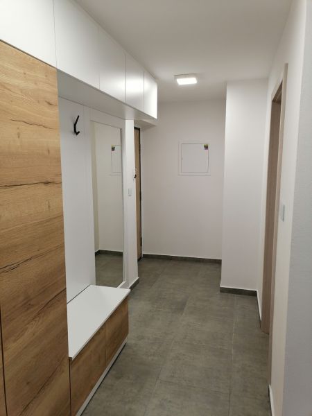 A hallway with built-in cabinets and a mirror in a 2-room apartment, flooring with a wooden decor.