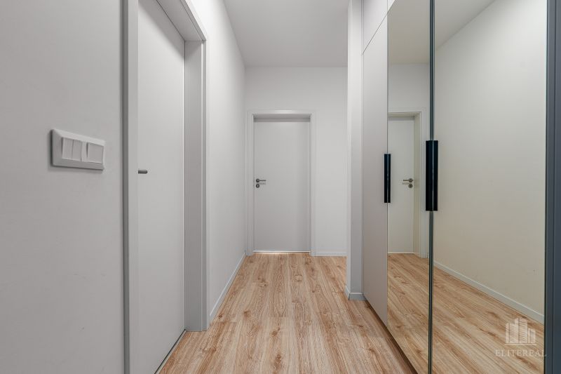 A hallway with a wooden decor floor and a built-in wardrobe in a 2-room apartment.