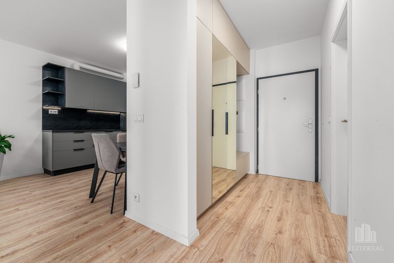 Interior of a 2-room apartment with wood-patterned flooring, built-in wardrobes, and a kitchen unit.