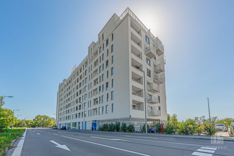 Residential building on Labutia Street in Bratislava, Petržalka, with sunlight in the background.