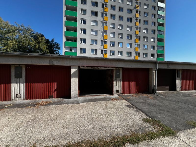 Garages on Hanulova Street in Bratislava - Dúbravka near the high-rise building.