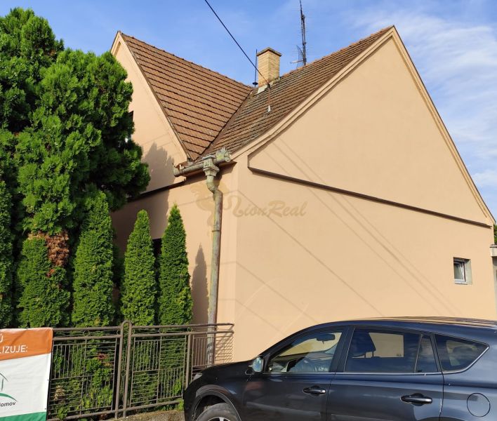 A family house in Krušovce, light facade, sloped roof, car, ornamental trees.