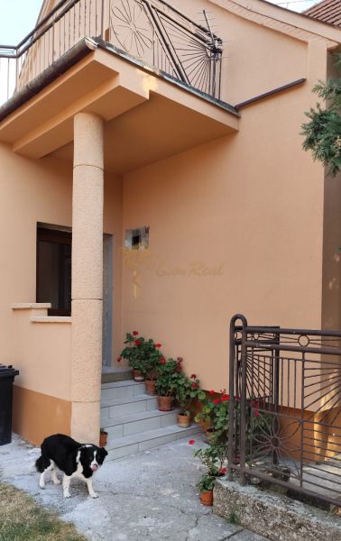A family house in Krušovce with a terrace, railing, flowers, and a dog in the yard.