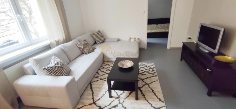 Living room in a two-room apartment with a sofa and a television on a dark table.