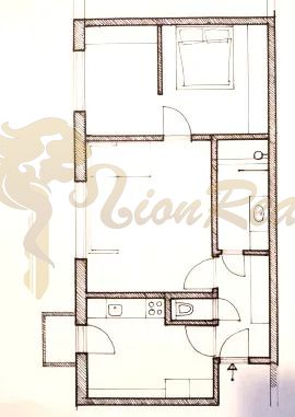 Floor plan of a 2-room apartment with a bathroom and kitchen. Signature of a verified association member.